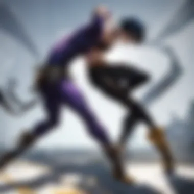 Dynamic Battle Showcase A dynamic battle scene showcasing the unique abilities of various protagonists.