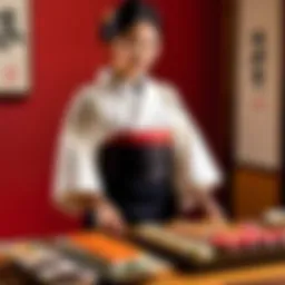 An elegant display of maru maki sushi on a traditional wooden platter