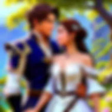A beautifully illustrated scene depicting love and adventure in a fantasy world