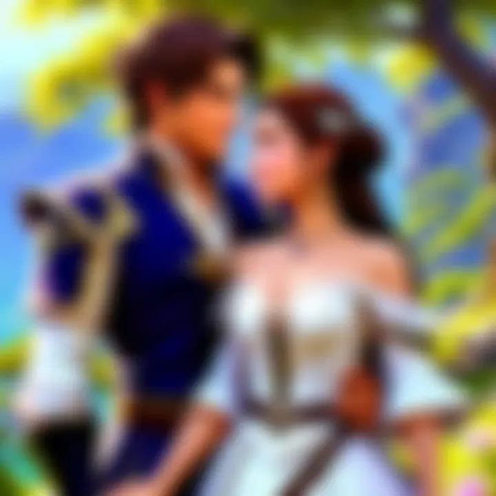 A beautifully illustrated scene depicting love and adventure in a fantasy world