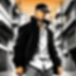 Visual representation of a prominent gangsta manga character surrounded by urban scenery.