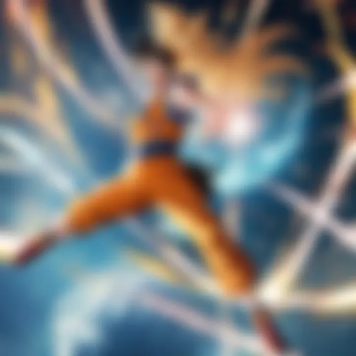 A vibrant illustration showcasing Goku in a dynamic pose amidst a battle scene.