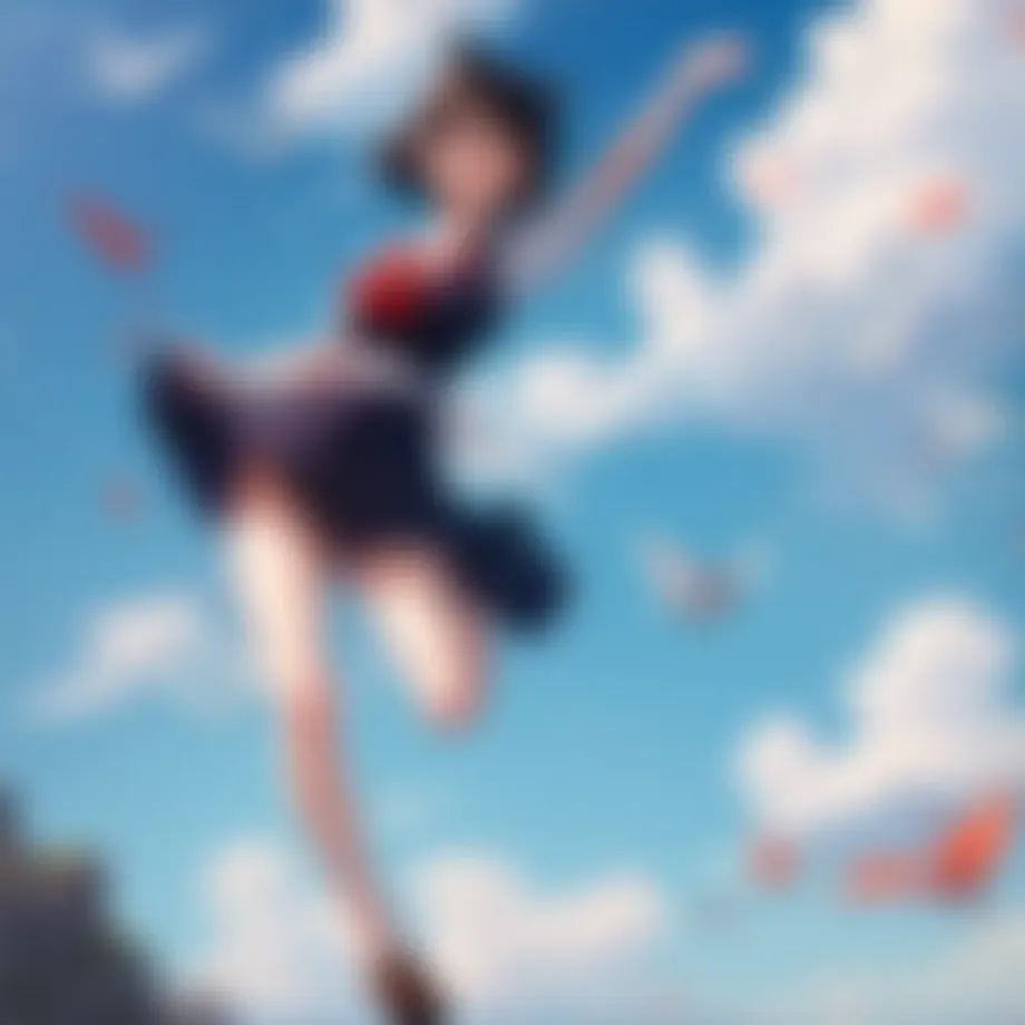 Kiki soaring through the sky with her broomstick