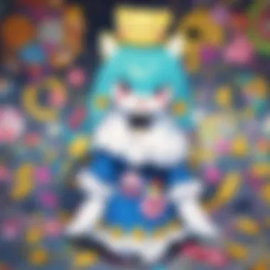 An artistic representation of Kuchipatchi interacting with various characters from the Tamagotchi universe.