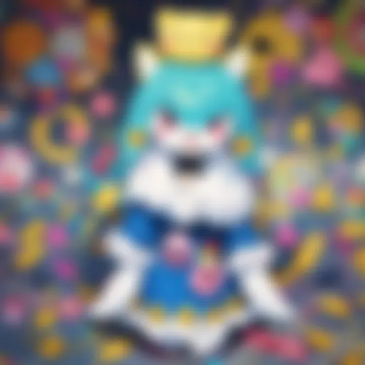 An artistic representation of Kuchipatchi interacting with various characters from the Tamagotchi universe.