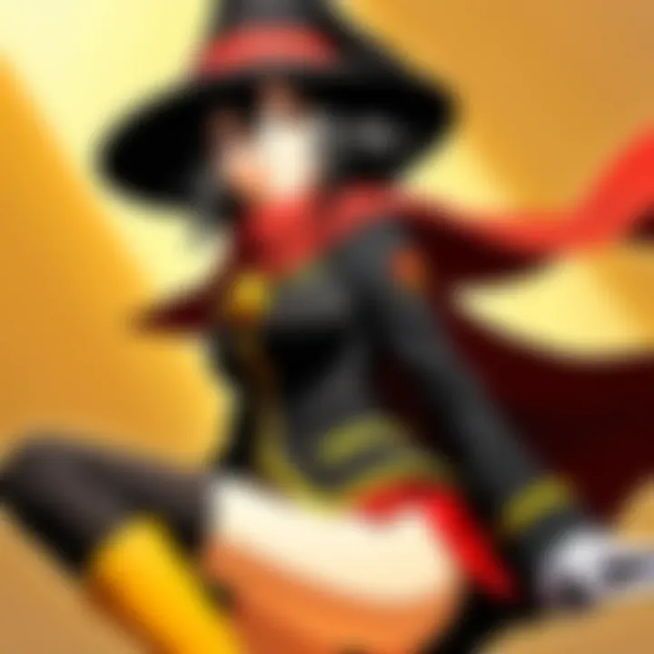 An artist's rendition of Megumin in a dynamic pose, emphasizing her character traits