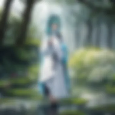 A serene landscape with rain falling on lush greenery