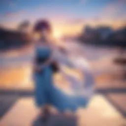 A romantic sunset scene featuring two anime characters sharing a moment.