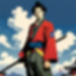 A dynamic scene depicting a samurai in action, highlighting the unique artistic style of Samurai Champloo.