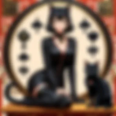 An illustration of a black cat surrounded by various symbols of luck and superstition, illustrating cultural themes