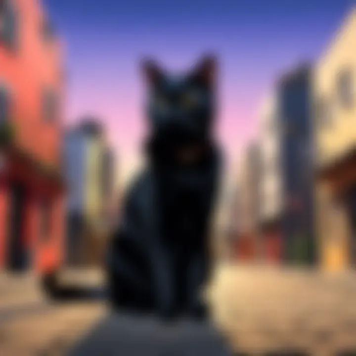 An artistic representation of a black cat in a vibrant cityscape, showcasing urban life and independence