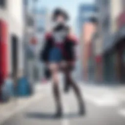A vibrant street scene blending anime and fashion aesthetics
